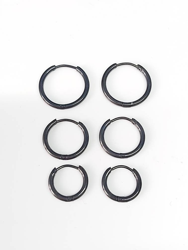 Small Thin Black Hoop Hinged Earrings High Polished Hypoallergenic Surgical Steel Women / Men