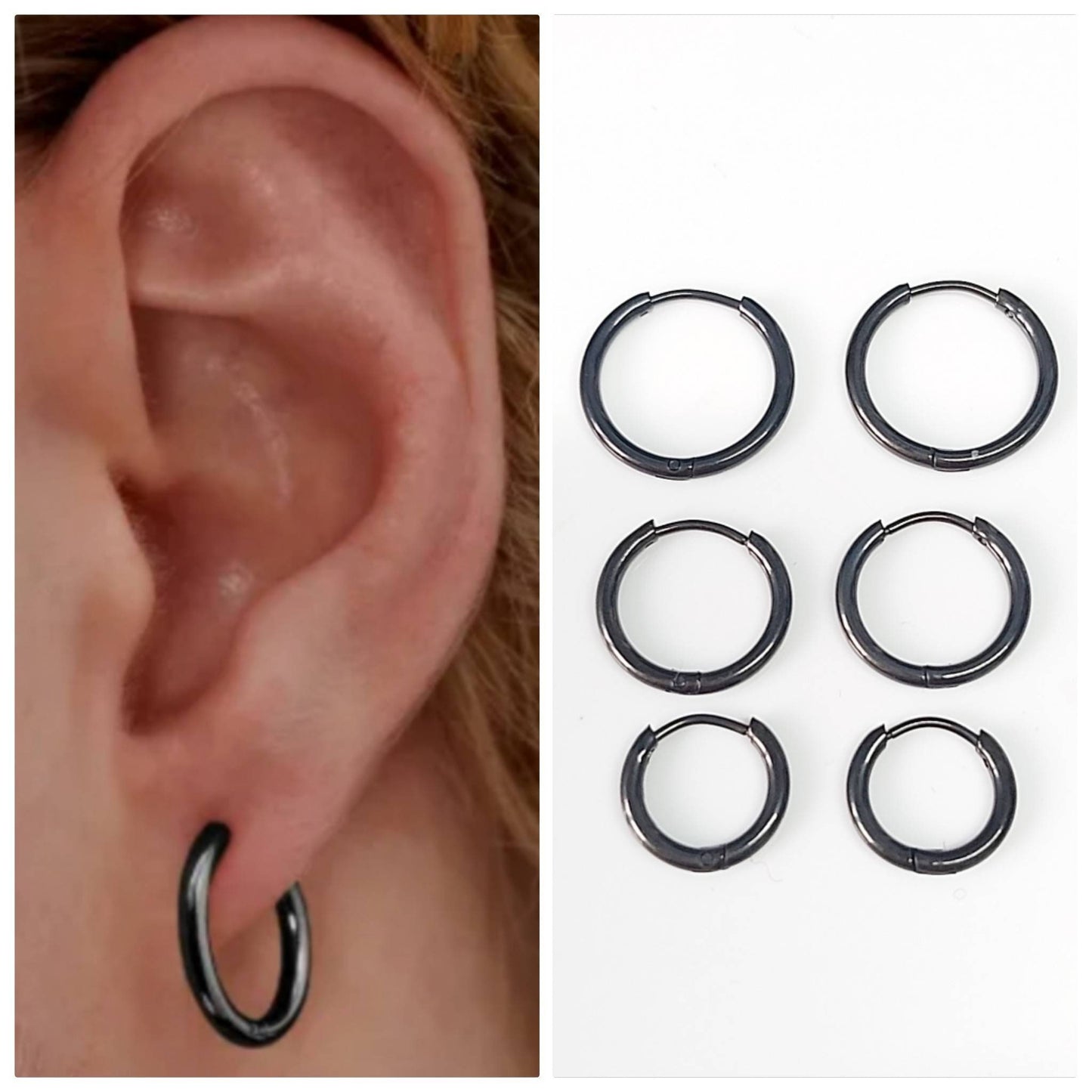 Small Thin Black Hoop Hinged Earrings High Polished Hypoallergenic Surgical Steel Women / Men