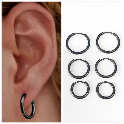 Small Thin Black Hoop Hinged Earrings High Polished Hypoallergenic Surgical Steel Women / Men