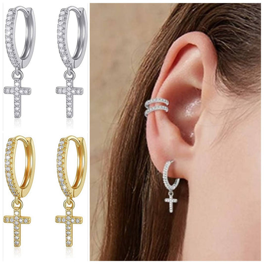 925 starling silver with Cubic Zircon Cross Dangle Hoop Earrings