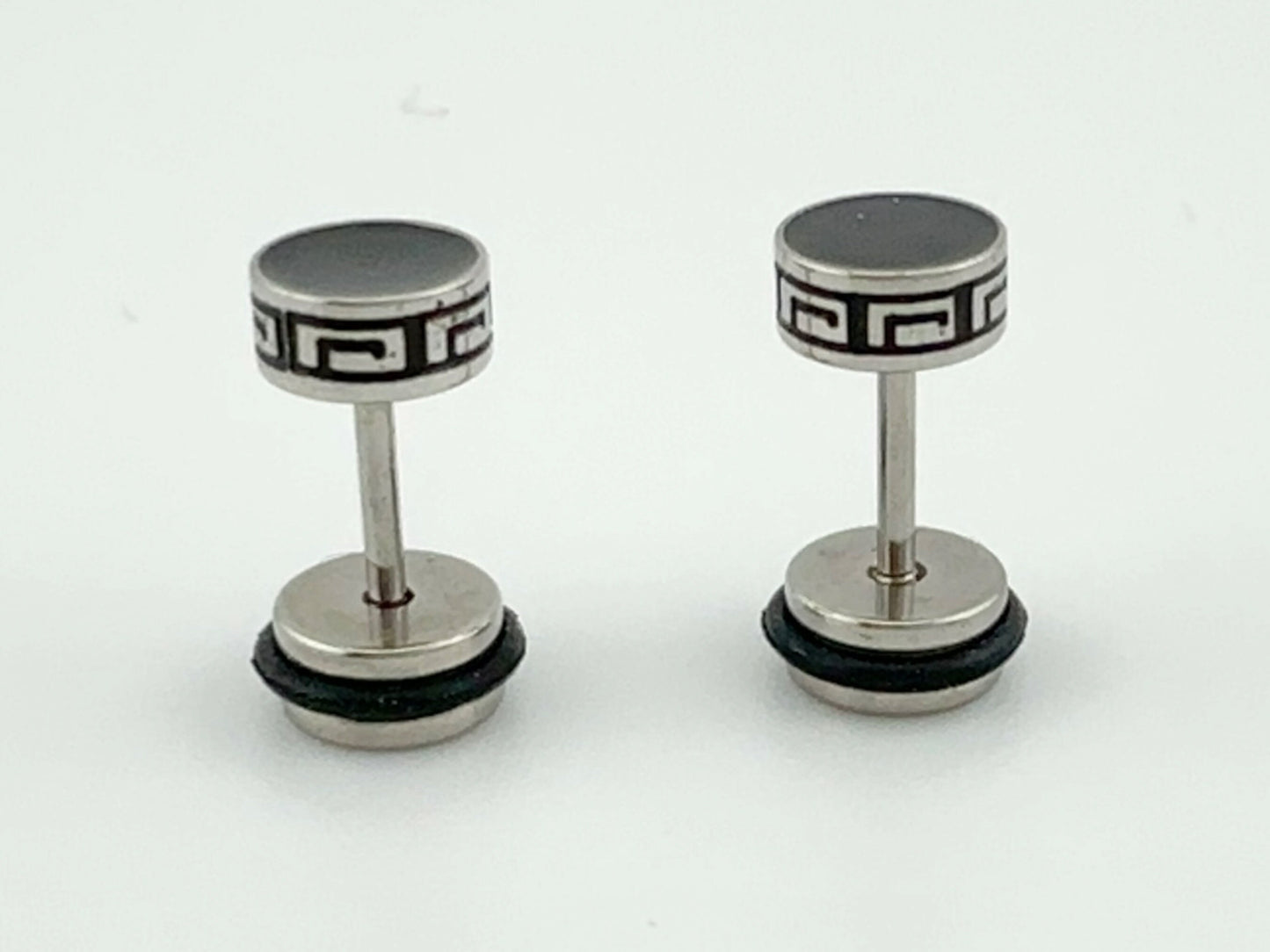 Black Silver stud earring with Greece key design stud earring in stainless steel