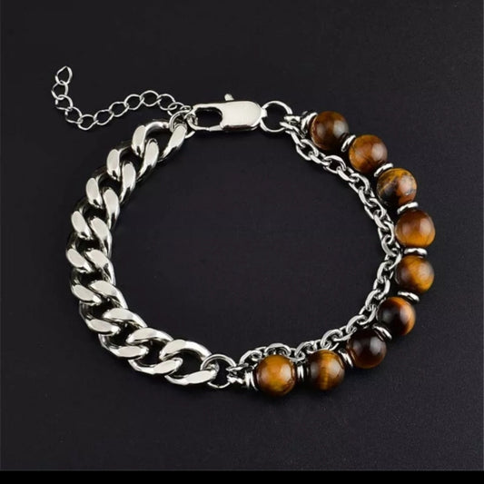 Tiger's eye 8mm bead bracelet with stainless steel chain