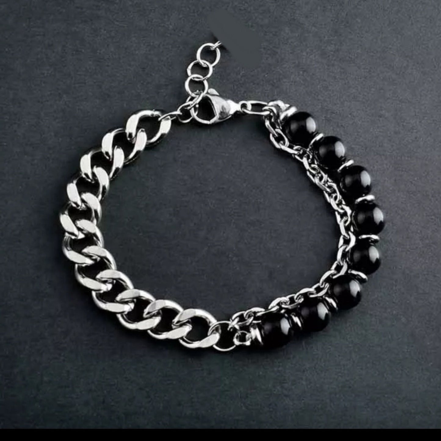 Black Onyx 8mm Beaded & stainless steel chain bracelet