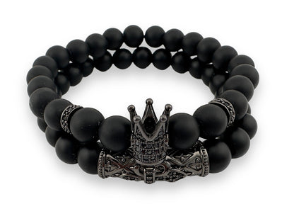 2pcs set Natural Onyx Beaded with Crown stainless steel bracelet Men Women