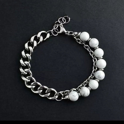 8mm Howlite Beaded Bracelet with Stainless Steel Chain