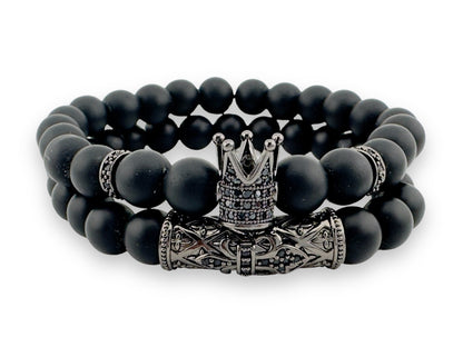 2pcs set Natural Onyx Beaded with Crown stainless steel bracelet Men Women