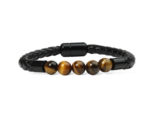 Leather Magnetic Bracelet With Tiger’s Eye Beads