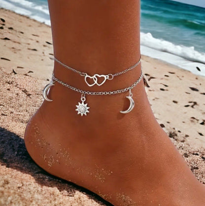 Double Heart Anklets With Moon & Sun 925 Sterling Silver plated Foot Chain Boho Beach Beads